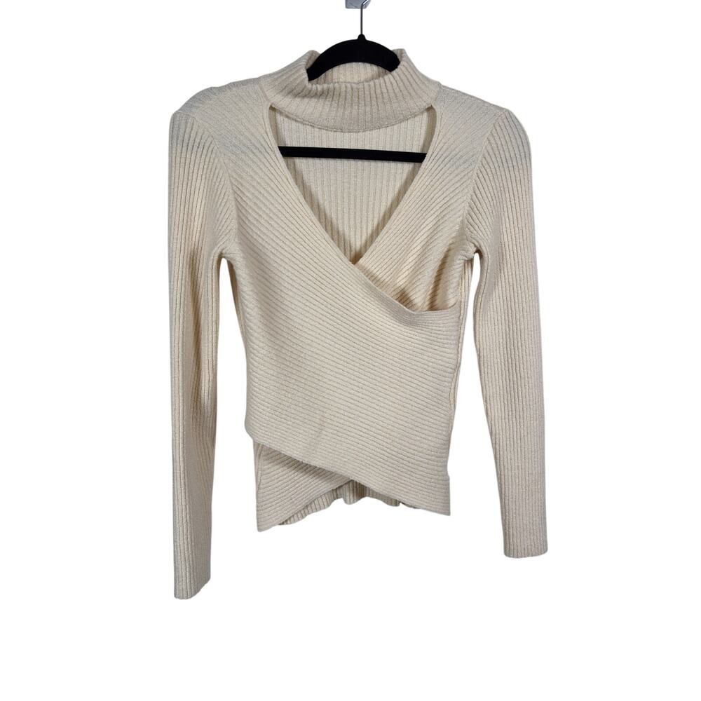 ASTR the Label Sweater Womens Medium Cream Ribbed Mock Neck Cutout Wrap Front